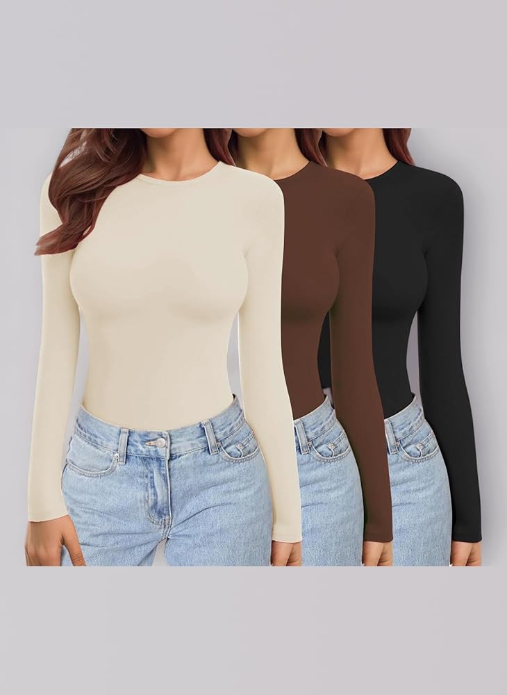 Ekouaer Womens 3 Pack Long Sleeve Tops Crew Neck Thermal Shirts Set Stretch Fitted Underscrubs La... | Amazon (UK)