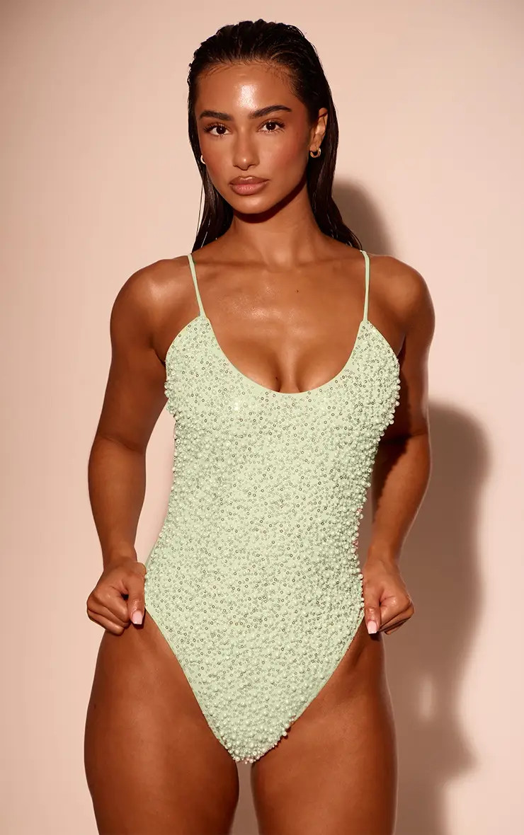 Lime Green Embellished Sequin Scoop Swimsuit | PrettyLittleThing UK