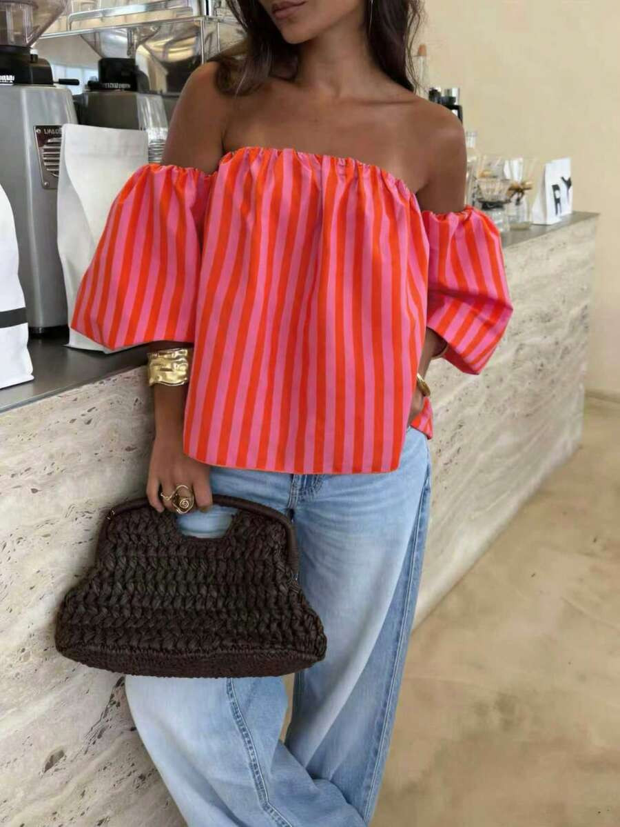 Women's Striped Contrast Color Woven Fabric Ruffle Off-Shoulder Blouse, Suitable For Beach And Da... | SHEIN