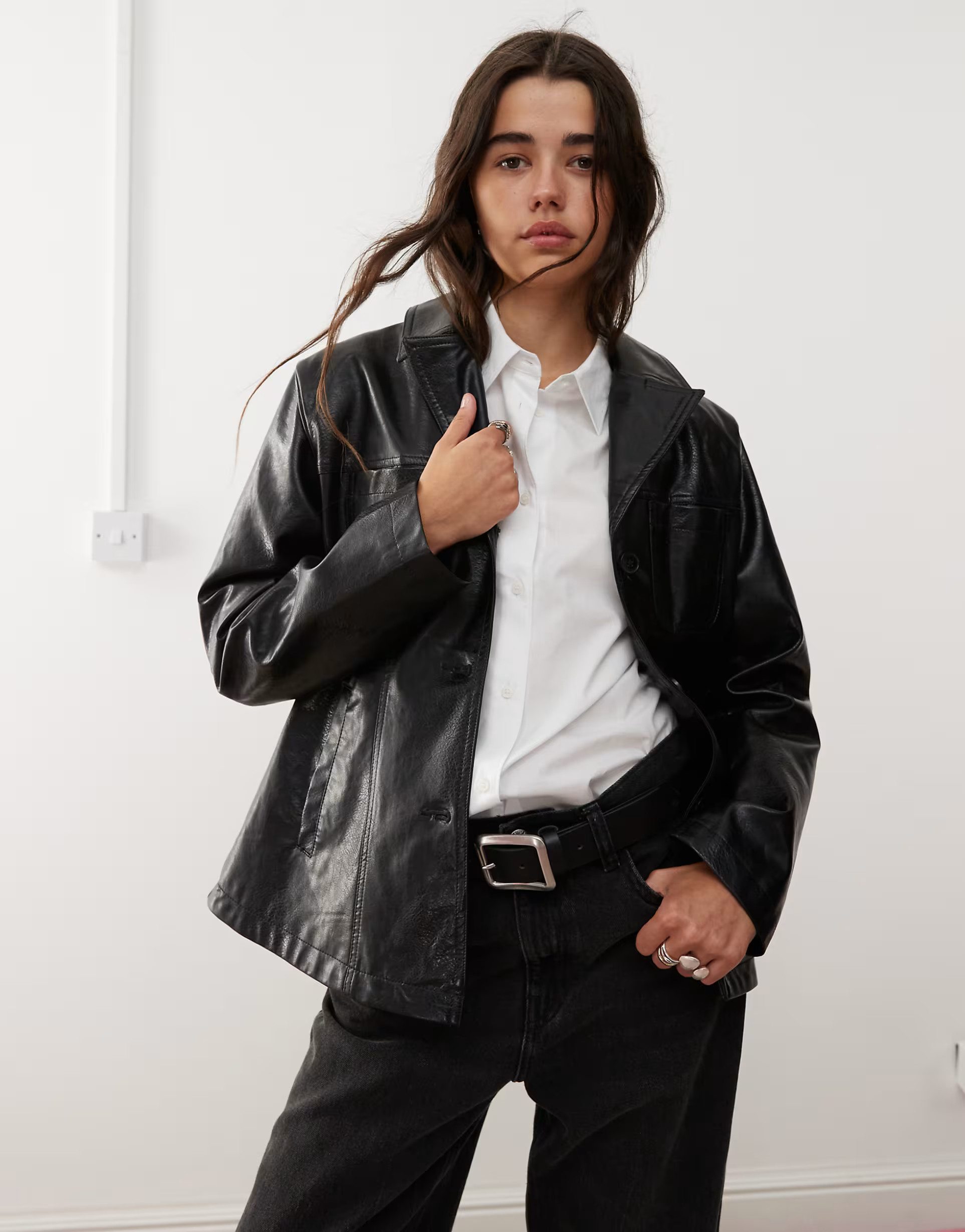 Reclaimed Vintage 90s washed leather look blazer coat in black | ASOS (Global)