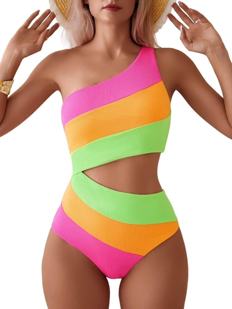 TASHEHE Women's One Shoulder One Piece Swimsuit Sexy Neon Color Block Bathing Suit Modest Full Co... | Amazon (US)