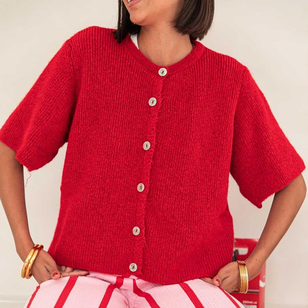 Womens Button Up Short Sleeve Cardigans Sweater Cropped Lightweight Round Neck Elegant Knit Tops ... | Amazon (US)