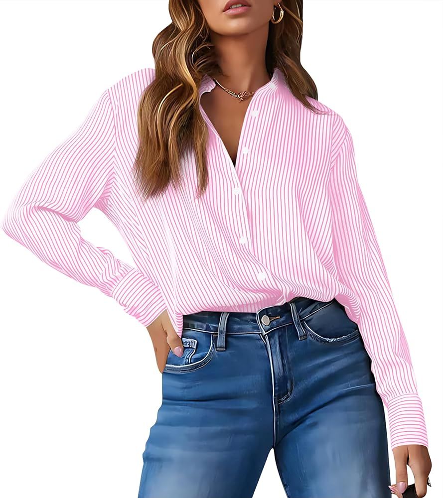 OMSJ Women's Striped Button Down Shirts Casual Long Sleeve Stylish Collared Office Work Blouses T... | Amazon (US)