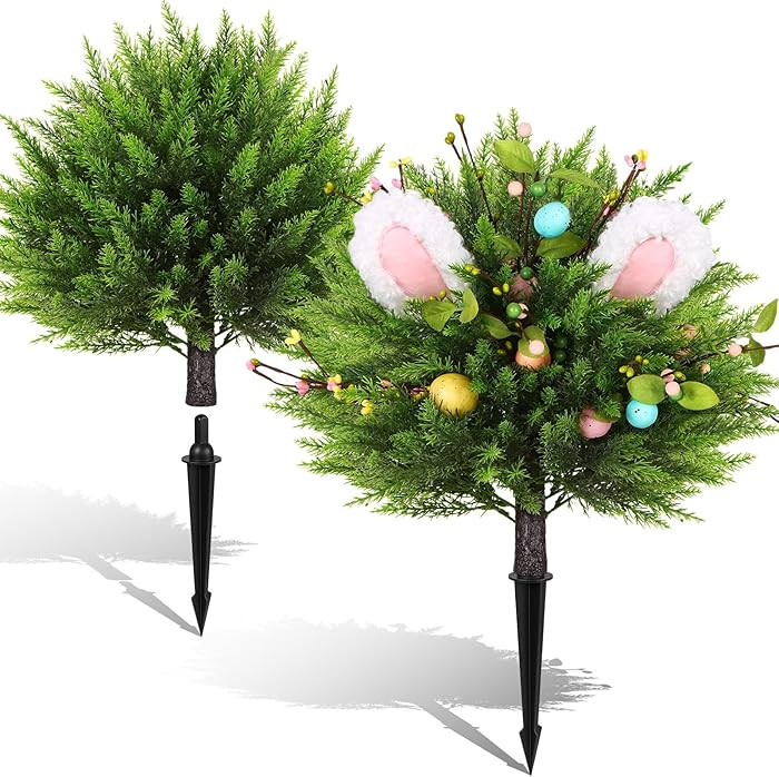 2PCS Easter Artificial Bunny Shaped Topiary Cedar Ball Trees with Ground Spike, Spring Evergreen ... | Amazon (US)
