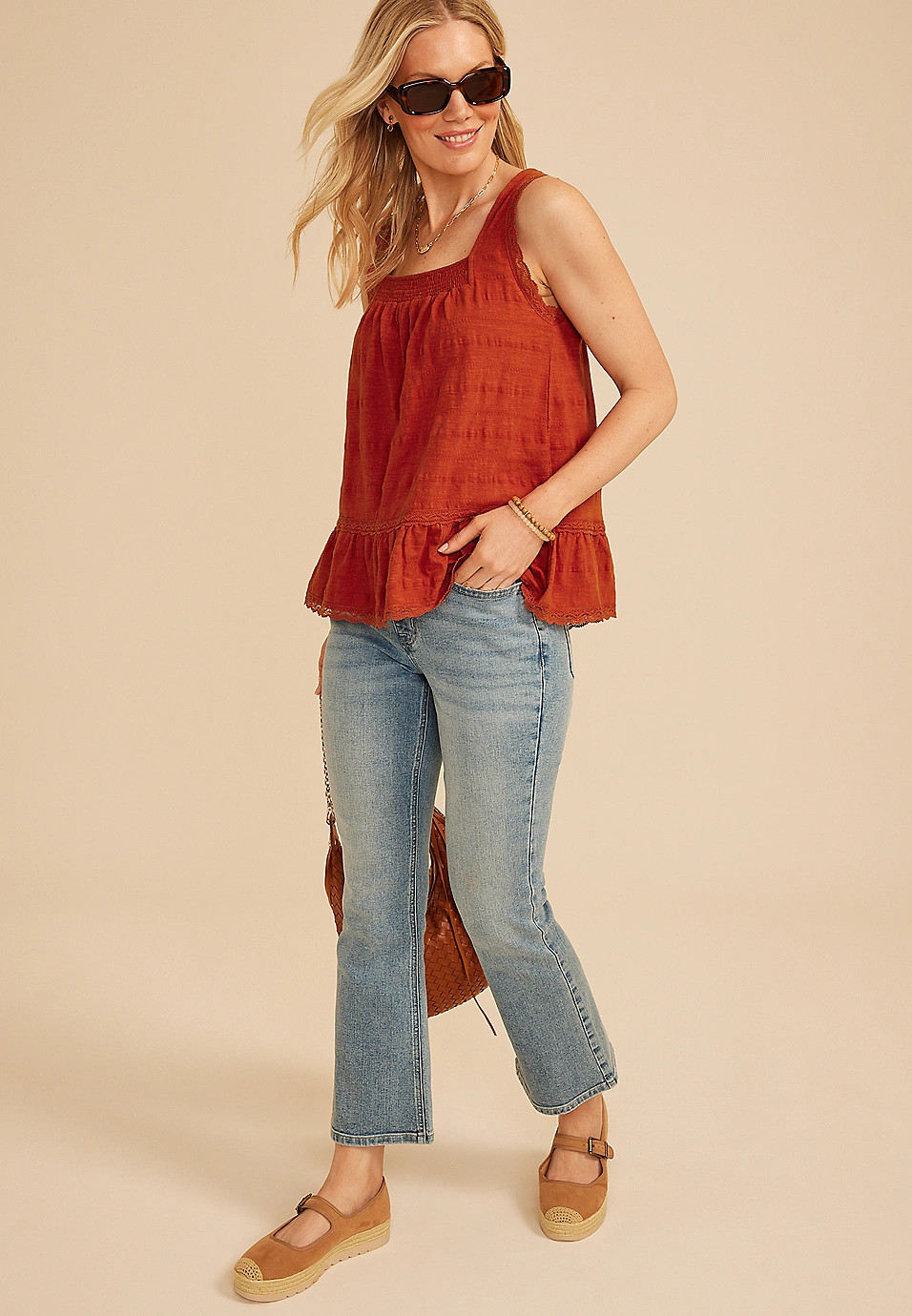 Textured Lace Trim Swing Tank Top | Maurices