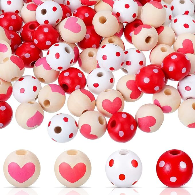 120 Pieces Valentine's Day Wood Beads 0.6 Inch Pink Wooden Beads Heart Tassel Garland Beads Natur... | Amazon (US)