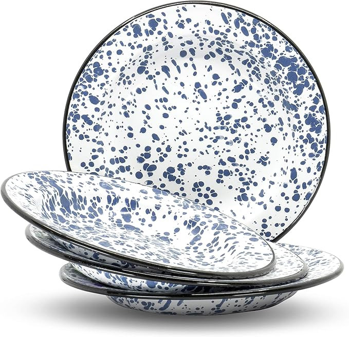 Red Co. Set of 4 Enamelware Metal Classic 8" Round Salad Plate, Navy Blue Marble/Black Rim - Spla... | Amazon (US)