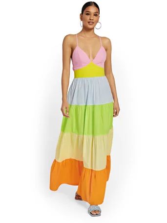 Colorblock Tiered Poplin Dress - Flying Tomato - New York & Company | New York & Company