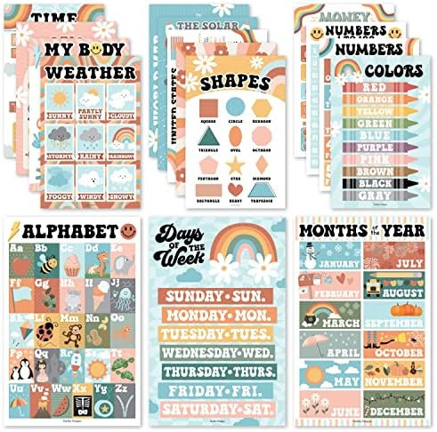 Hadley Designs 16 Educational Posters for Classroom & Kindergarten, Kindergarten Classroom Must Haves, Laminated PreK Learning Chart Materials US & World Map, ABC Alphabet, Shapes, Days of the Week | Amazon (US)