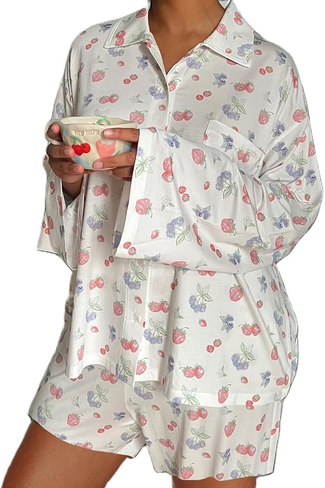 Argeousgor Women Berries Fruit 2 Piece Pajamas Set Long Sleeve Shirts Wide Leg Palazzo Pants Y2k ... | Amazon (US)