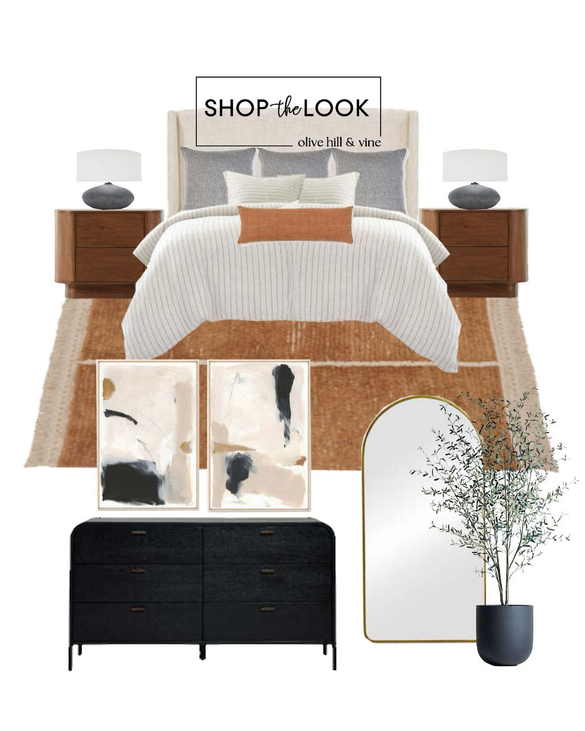 In this bedroom, a warm and inviting atmosphere is achieved through a sophisticated rust and grey color palette. The arched motif ties together the room seamlessly, appearing in the mirror, the sleek black dresser, and the rich brown nightstands, while above the dresser, captivating abstract art adds a touch of contemporary elegance to the overall design.

#LTKhome #LTKfamily #LTKstyletip