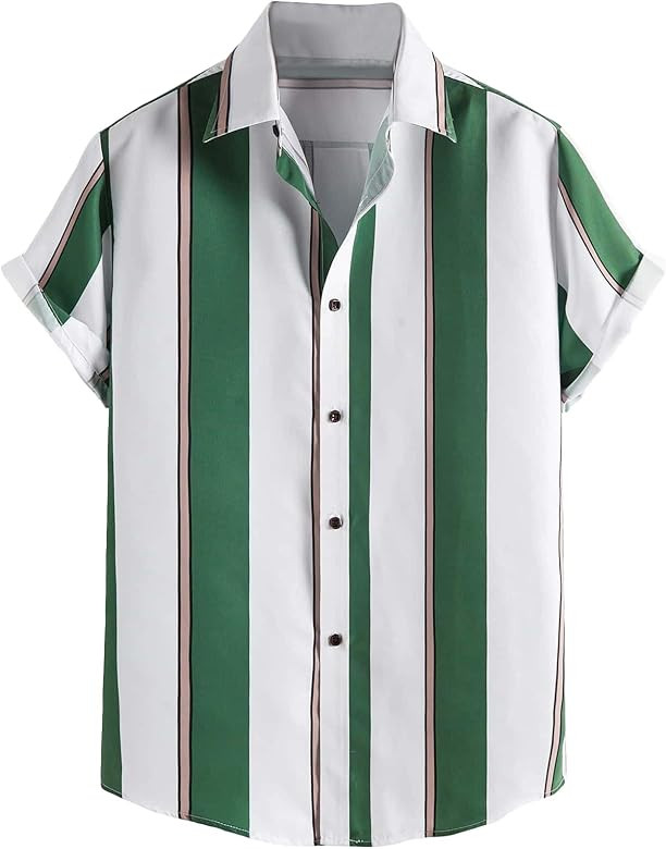 Romwe Men's Striped Short Sleeve Regular Fit Poplin Button Down Shirts | Amazon (US)