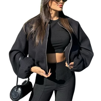 Coolmee Women's Cropped Bomber Jacket Casual Zip Up Varsity Jackets Trendy Outwear Coats with Pockets Black S | Target