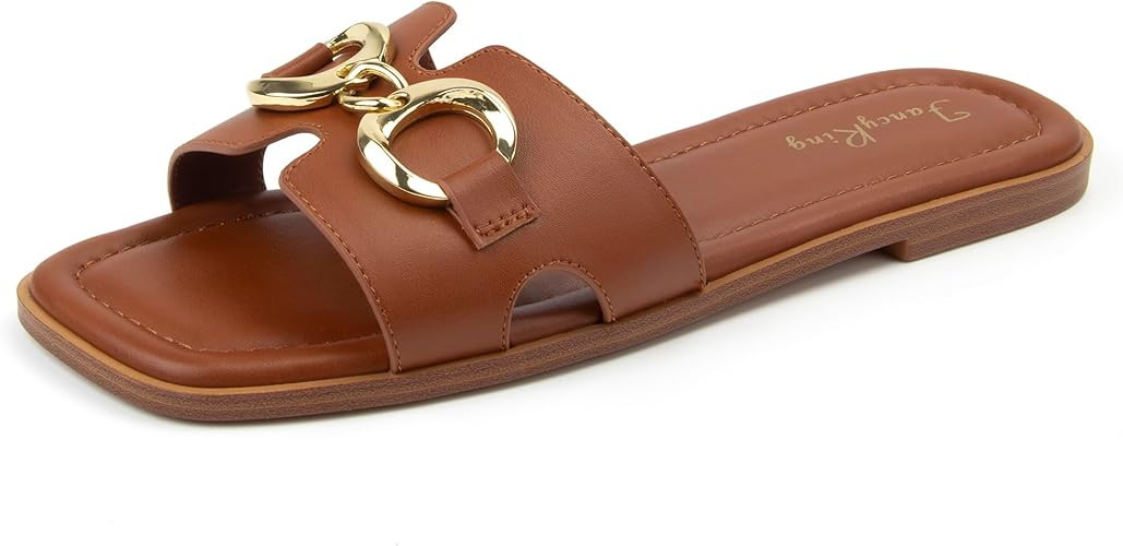 Women's Flat Sandals Metal Chain Slip On Dressy Slide Sandals Square Toe Summer Casual Beach Vaca... | Amazon (US)