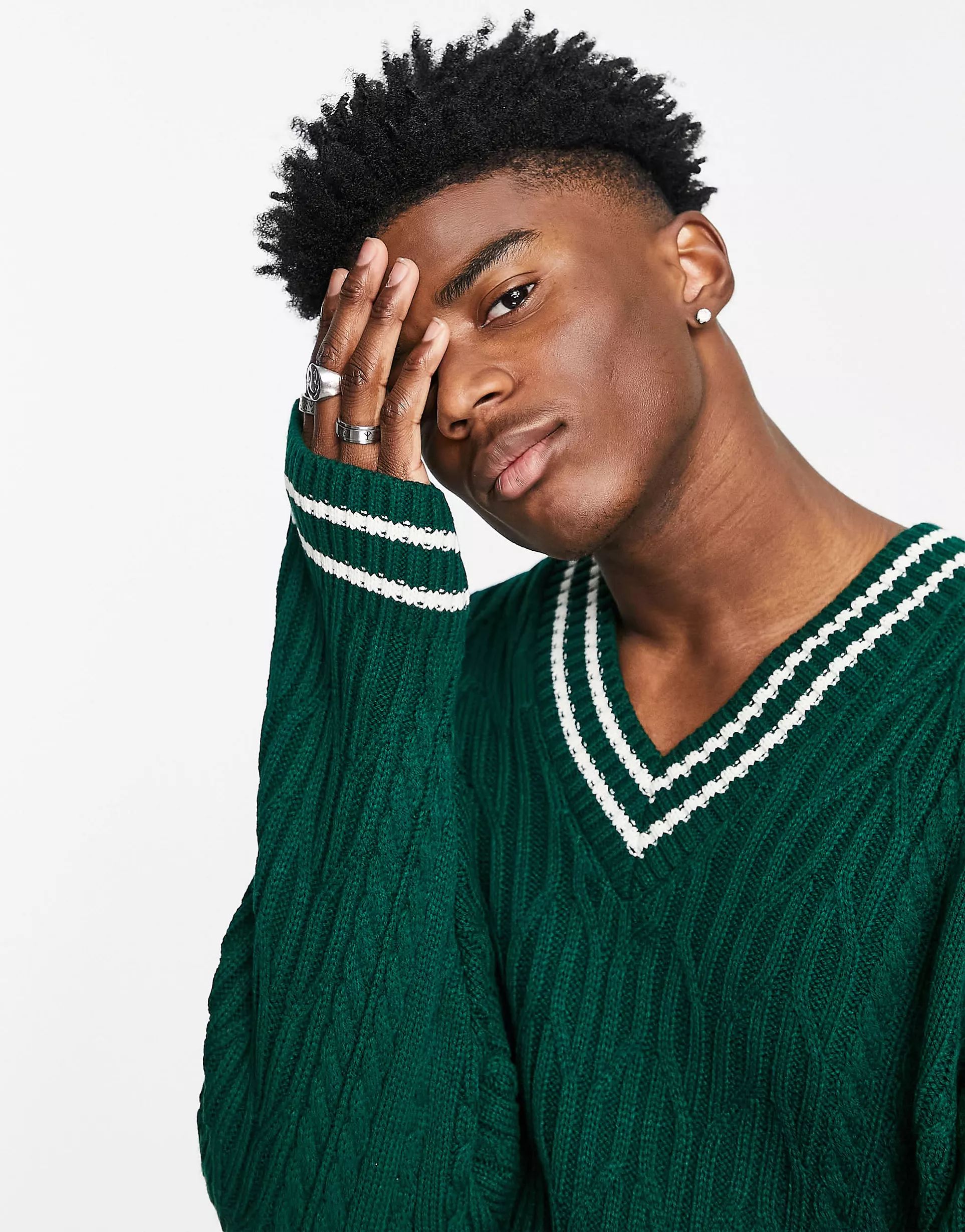 ASOS DESIGN cable knit cricket sweater in bottle green | ASOS (Global)