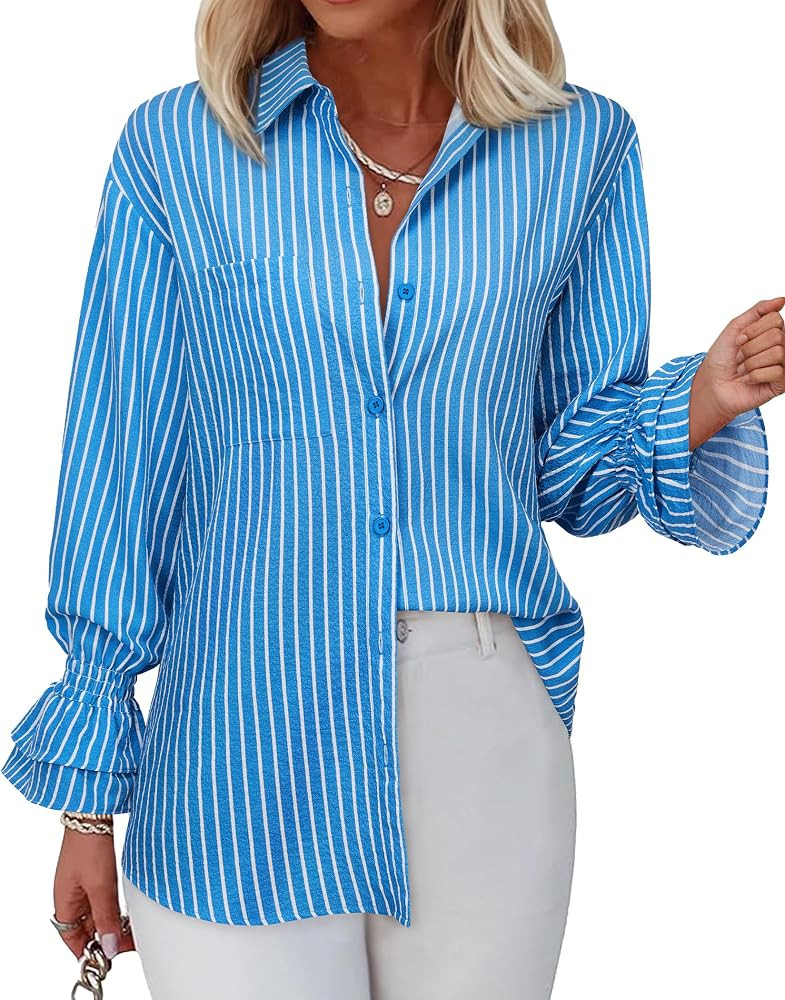Women's Striped Button Down Shirt Smocked Cuffed Boyfriend Blouse Ruffle Sleeve Casual Tunic Tops... | Amazon (US)