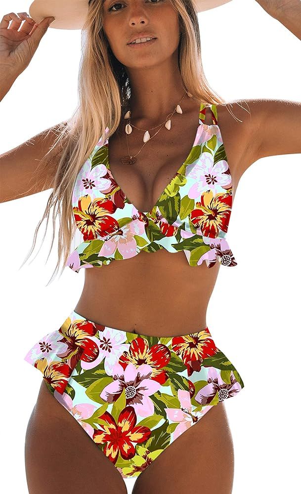 Women High Waisted Swimsuit Ruffle V Neck Bikini Two Pieces Swimwear | Amazon (US)