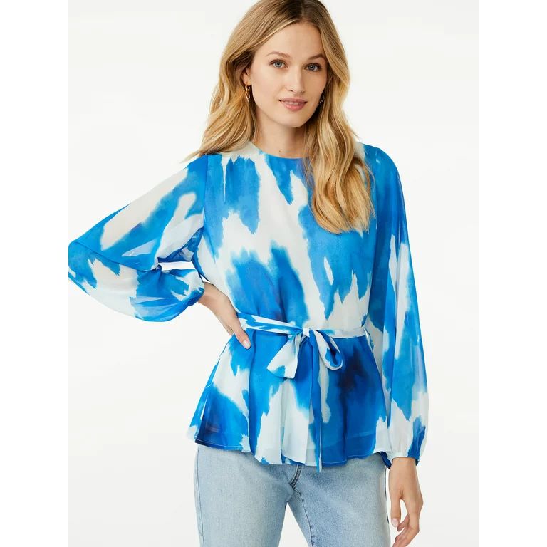 Scoop Women's Long Sleeve Crew Neck Blouse with Tie at Waist | Walmart (US)