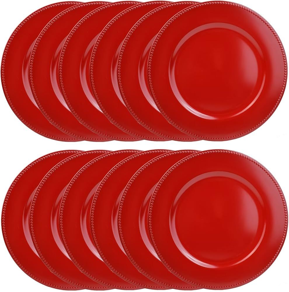 Set of 12 Red Charger Plates with Beaded. 13" Reusable Plastic Table Chargers for Dinner Plates | Amazon (US)