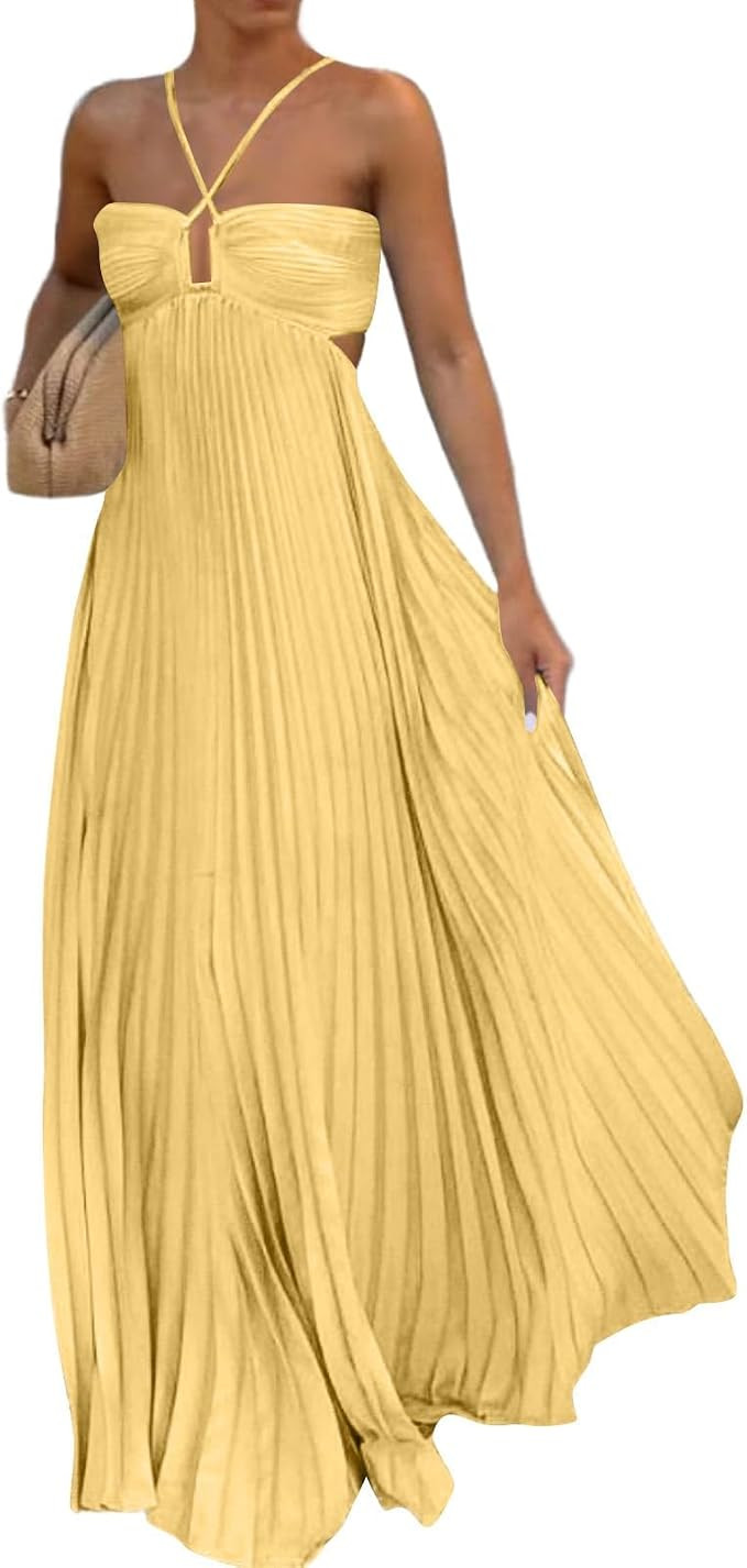 Halter Pleated Maxi Dress for Women Cross Neck Cutout Maxi Dresses Summer Backless Elegant Flowy ... | Amazon (US)