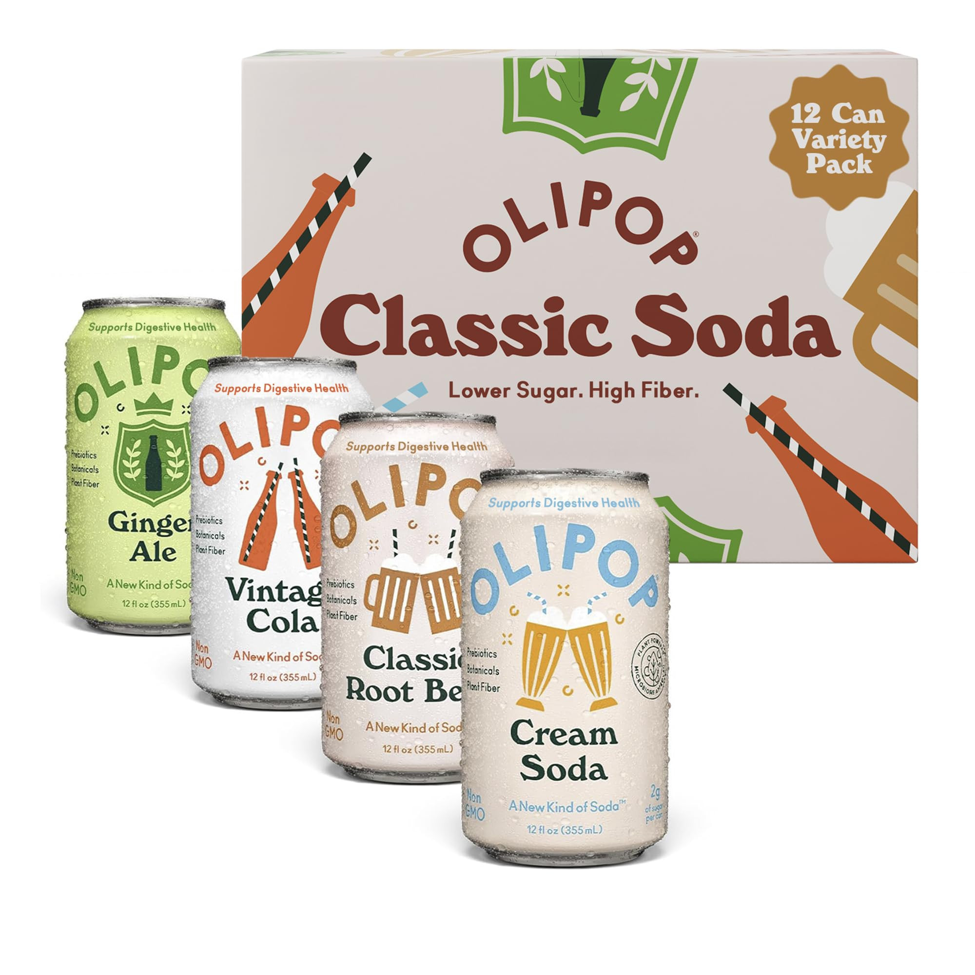 OLIPOP Prebiotic Soda Pop, Classic Soda Variety, Pantry Pack Packed with Prebiotics, Fiber, and B... | Amazon (US)
