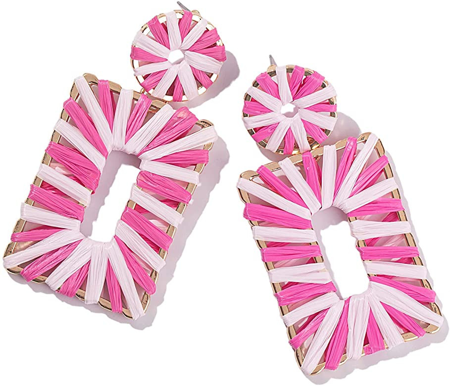 Statement Raffia Earrings Boho Drop Earrings Geometric Dangle Earrings for Women Handmade Straw E... | Amazon (US)