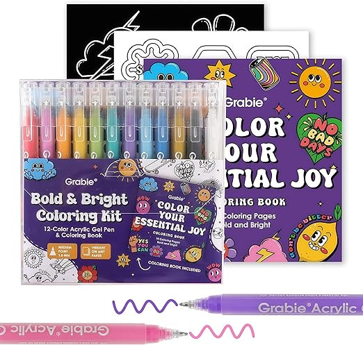 Grabie Coloring Kit, Acrylic Gel Pens Set with Coloring Book, 1.0mm Medium Tip Opaque Gel Pens fo... | Amazon (US)