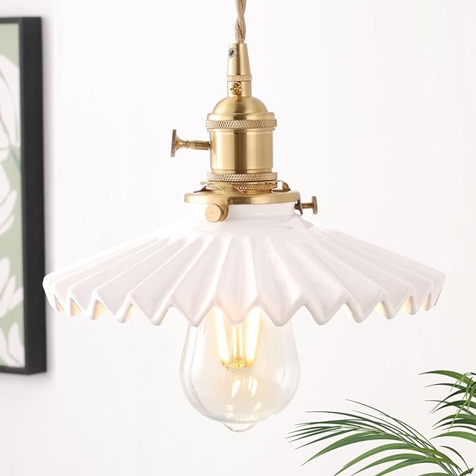 Shenmoyl Pendant Light Retro White Pleated Ceramic Lampshade Nordic Hanging Lamp, Brass Finish Ce... | Amazon (US)
