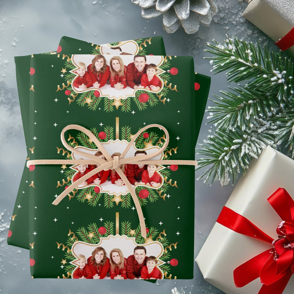 Beautiful Custom Christmas Green Photo Festive Wrapping Paper Sheets | Zazzle