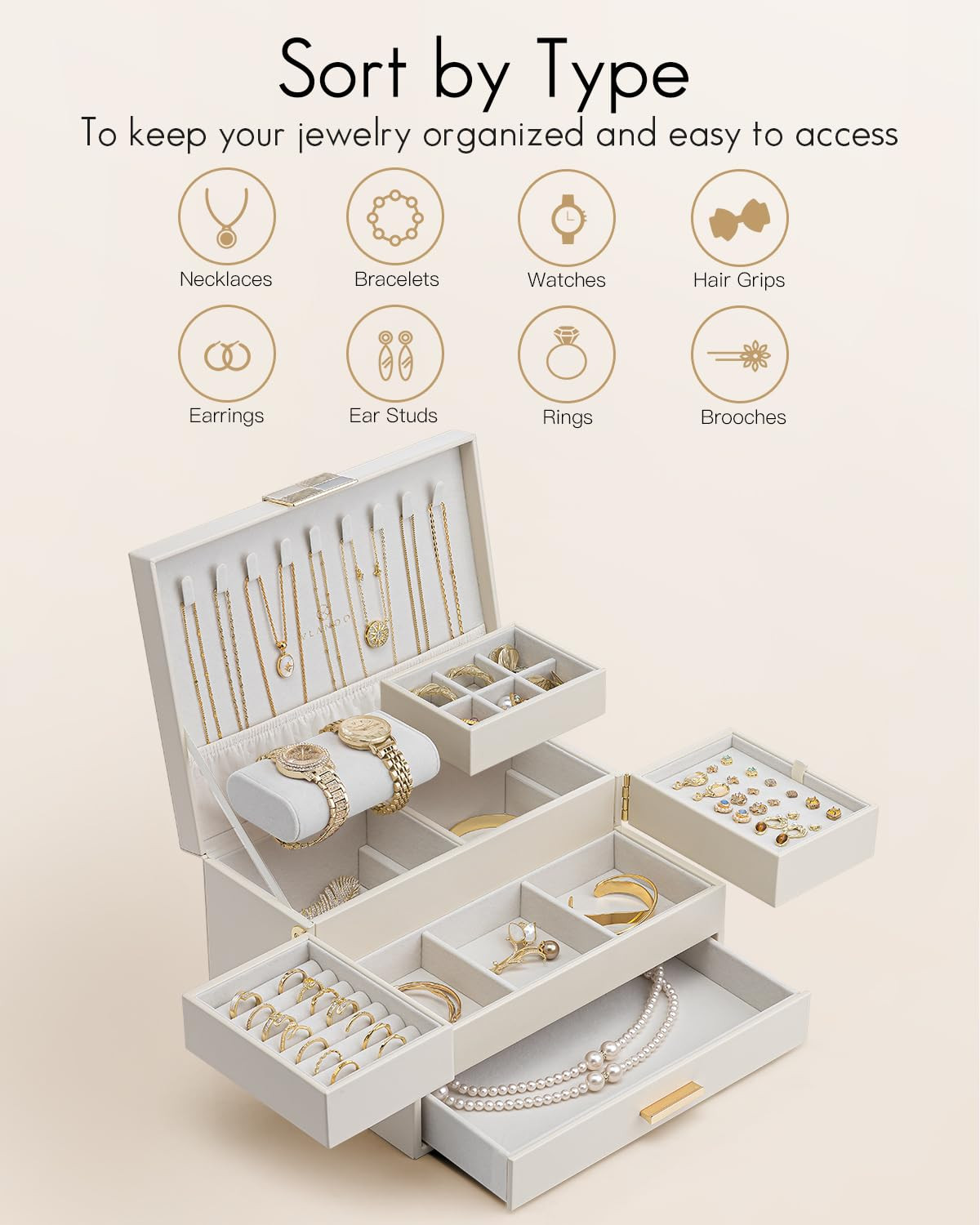 Vlando 3 Layer Jewelry Box - Women Jewelry Box with Retractable Tray - Jewelry Organizers with Dr... | Amazon (US)