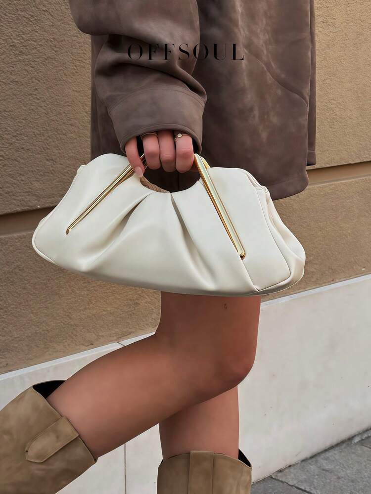 Vintage Asymmetrical Ruffle Cloud Clutch Bag, Unique Metal Hardware Handbag, High-End Retro Clutc... | SHEIN