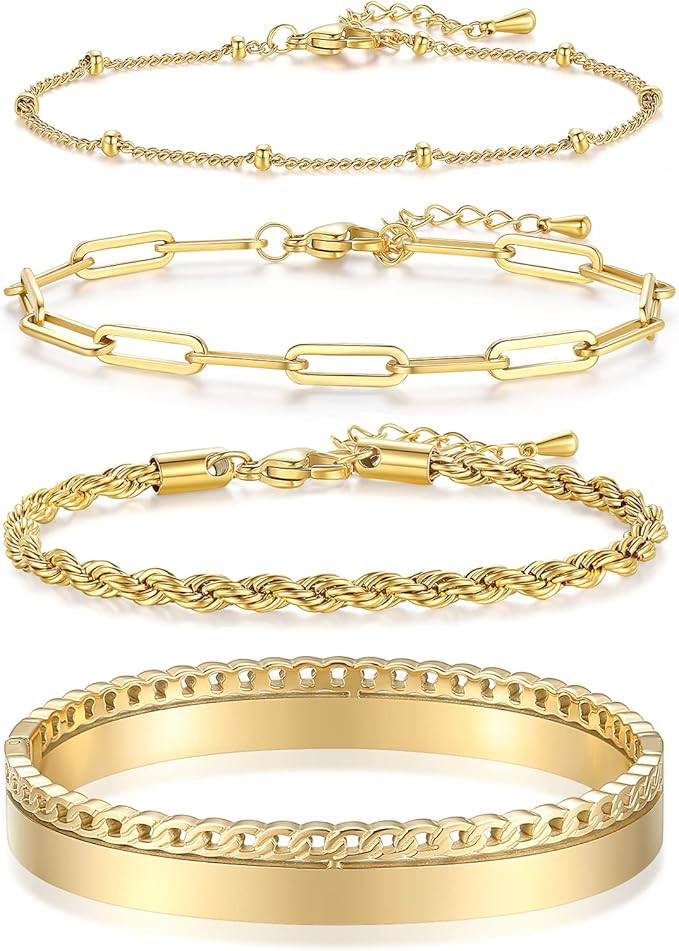 Chrishine Life Dainty Gold Bracelets for Women 18K Gold Plated Adjustable Stackable Bracelets Set... | Amazon (US)