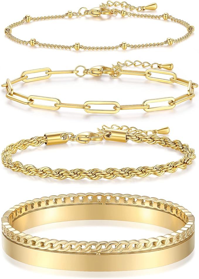 Chrishine Life Dainty Gold Bracelets for Women 18K Gold Plated Adjustable Stackable Bracelets Set... | Amazon (US)