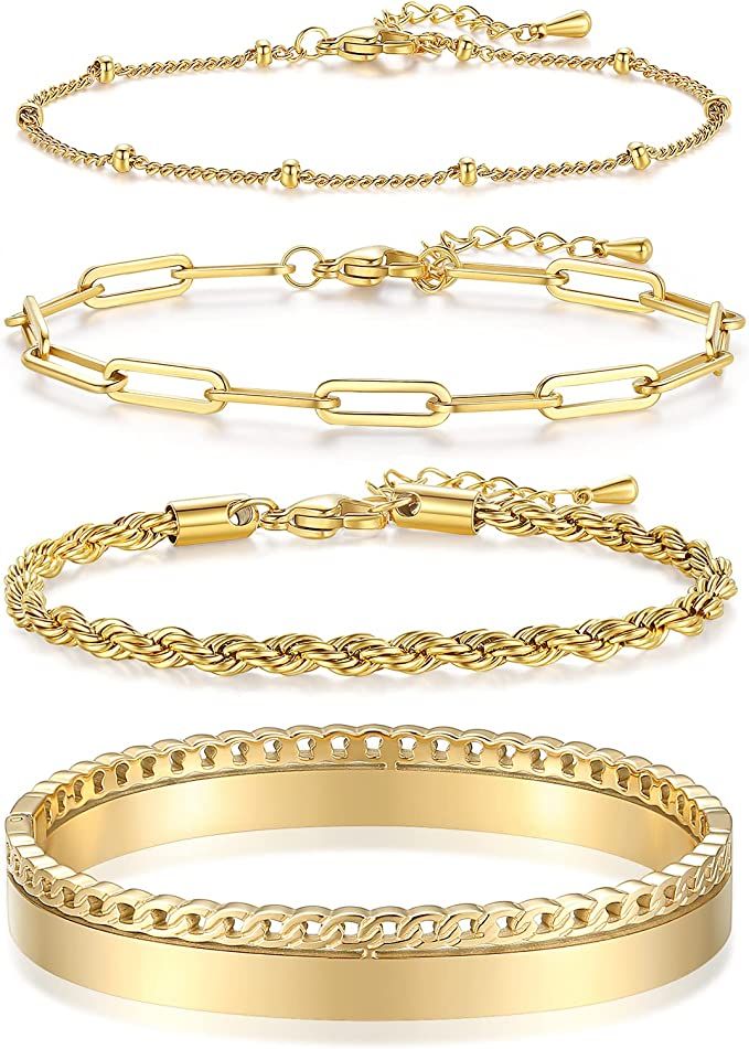 Chrishine Life Dainty Gold Bracelets for Women 18K Gold Plated Adjustable Stackable Bracelets Set... | Amazon (US)
