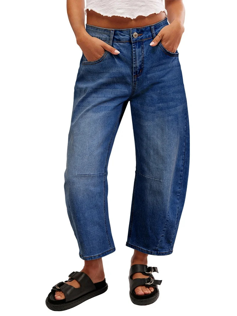 DOKOTOO Women's Barrel Jeans Wide Leg Vintage Mid Rise Y2k Baggy Boyfriend Ankle Denim Pants Blue... | Walmart (US)