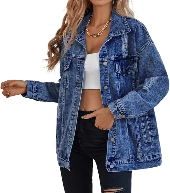 LifeShe Women's long oversized denim jacket boyfriend ripped distressed jean jackets coat | Amazon (US)