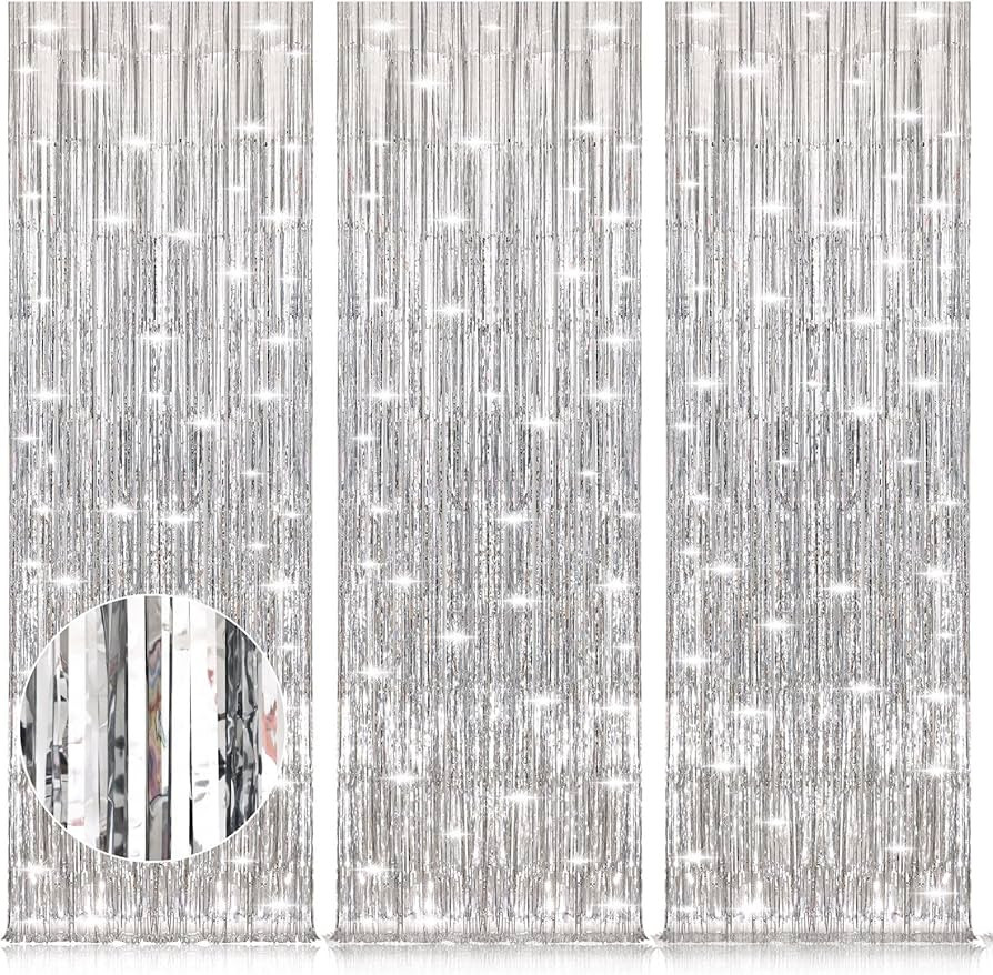 ACCEVO Silver Party Streamers 3Pack Metallic Tinsel Foil Fringe Curtains 3.2ft x 8.2ft Party Deco... | Amazon (US)