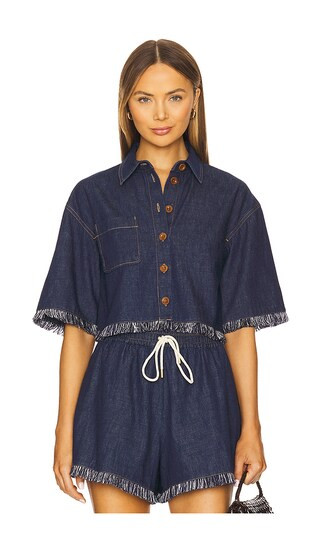 Rhiannon Fringe Denim Shirt in Atlantic | Revolve Clothing (Global)
