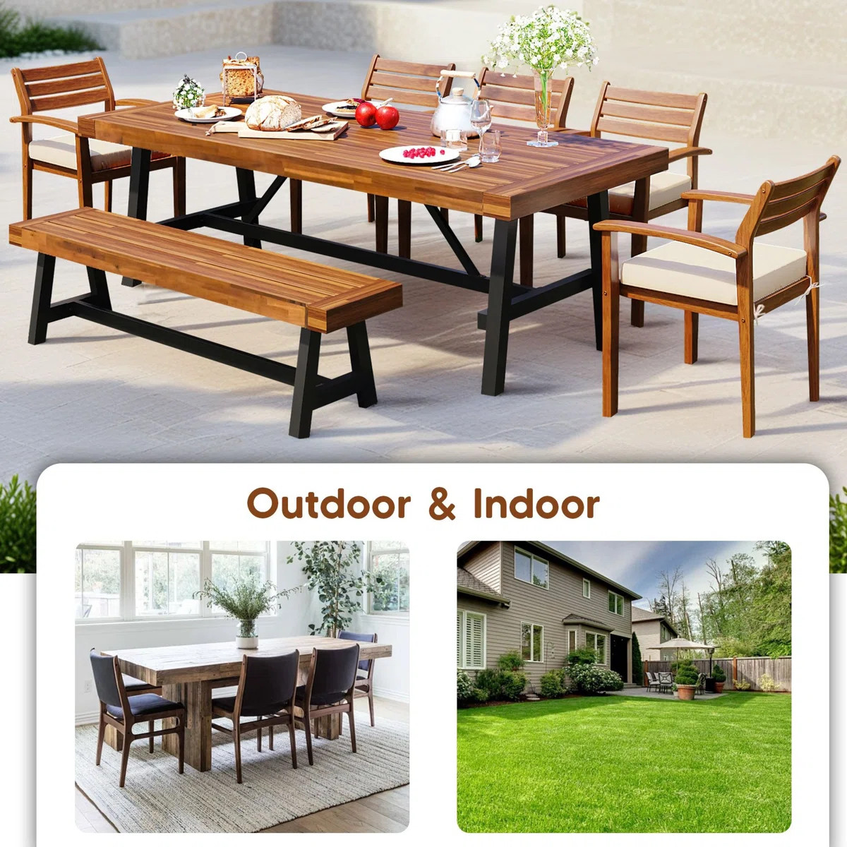 Abdel 8 - Person Acacia Wood Patio Dining Set with Removable Cushion, Ergonomic Chairs And Bench | Wayfair North America