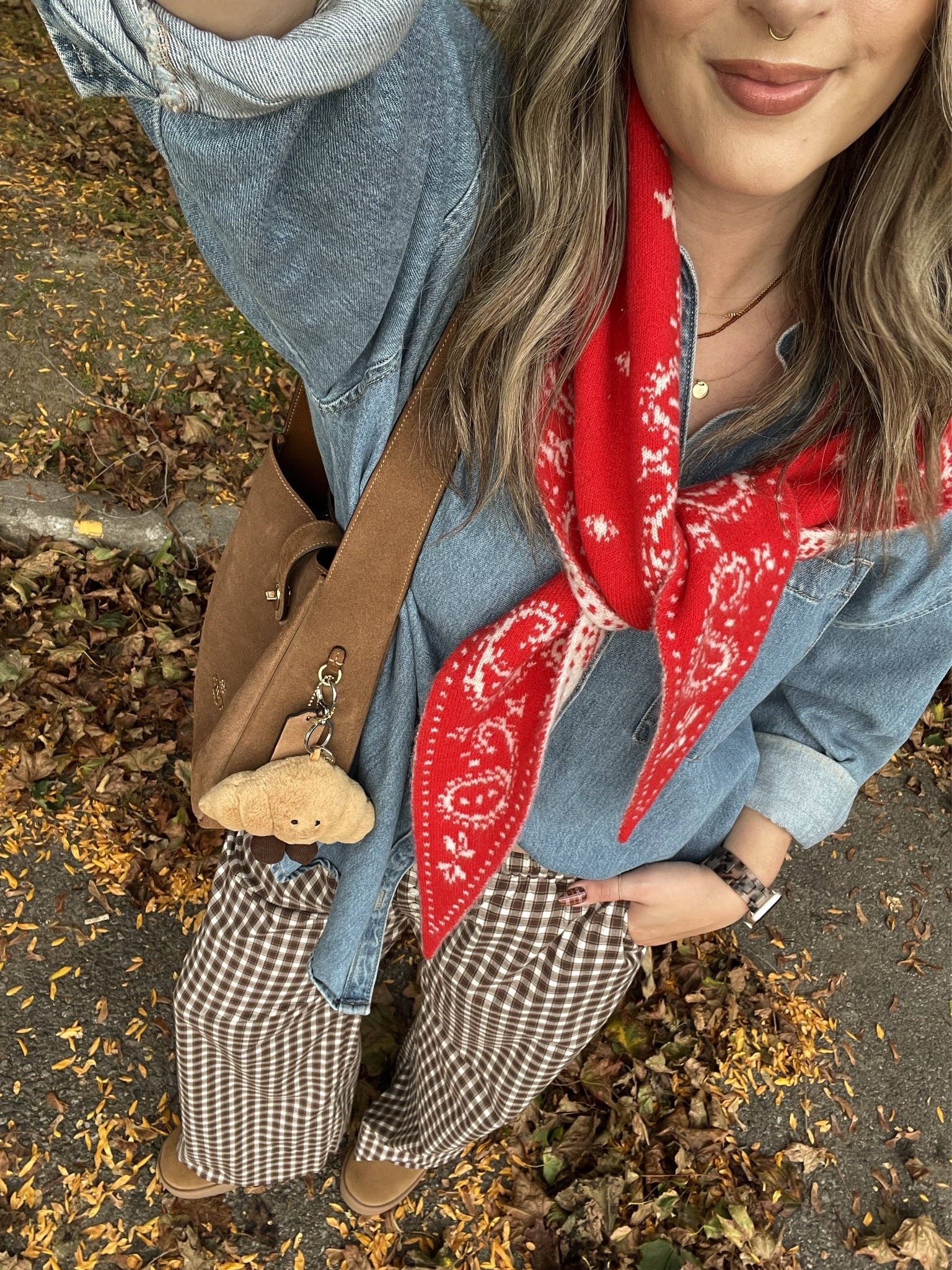 Casual fall outfit! Wearing size L in the denim shirt (Canadian link under “similar products”). Plaid pants are super comfy, I’m wearing M. I’m a 9.5-10 shoe and wear a 10 in the Uggs. My red bandana scarf is low stock, so I linked a bunch of similar options