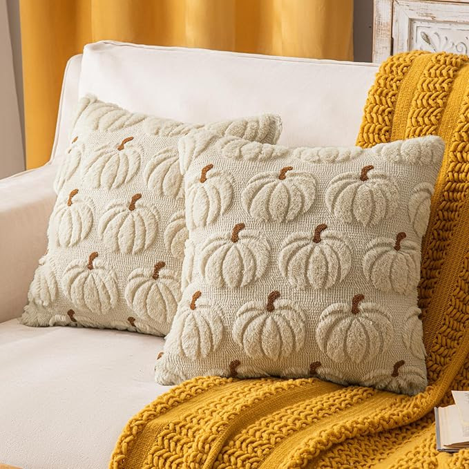 Pumpkin Fall Decorative Throw Pillow Covers 18"x18", Set of 2 Beige Soft Faux Fur Pillow Covers f... | Amazon (US)