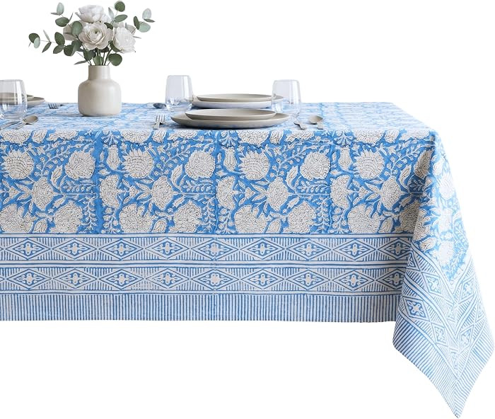 Azora Blue 100% Cotton Rectangle Summer Tablecloth, Handblock Floral Table Cloth for Dining Table... | Amazon (US)