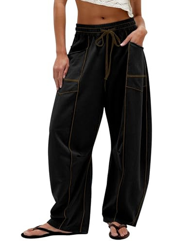 Burtell Summer Casual Wide Leg Pants for Women Drawstring Baggy Barrel Sweatpants High Waist Palazzo Lounge Pant with Pockets Black | Amazon (US)