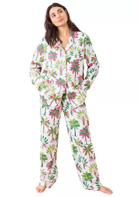 Printfresh Women's Royal Palm Printed Long Pajama Set, Pink, Medium | Belk