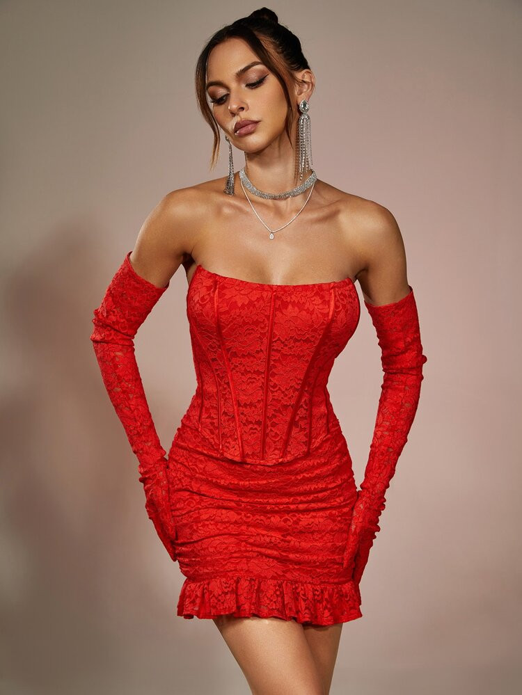 pizzo con volant dettaglio Guanti Top a fascia aderente Abito mini | SHEIN