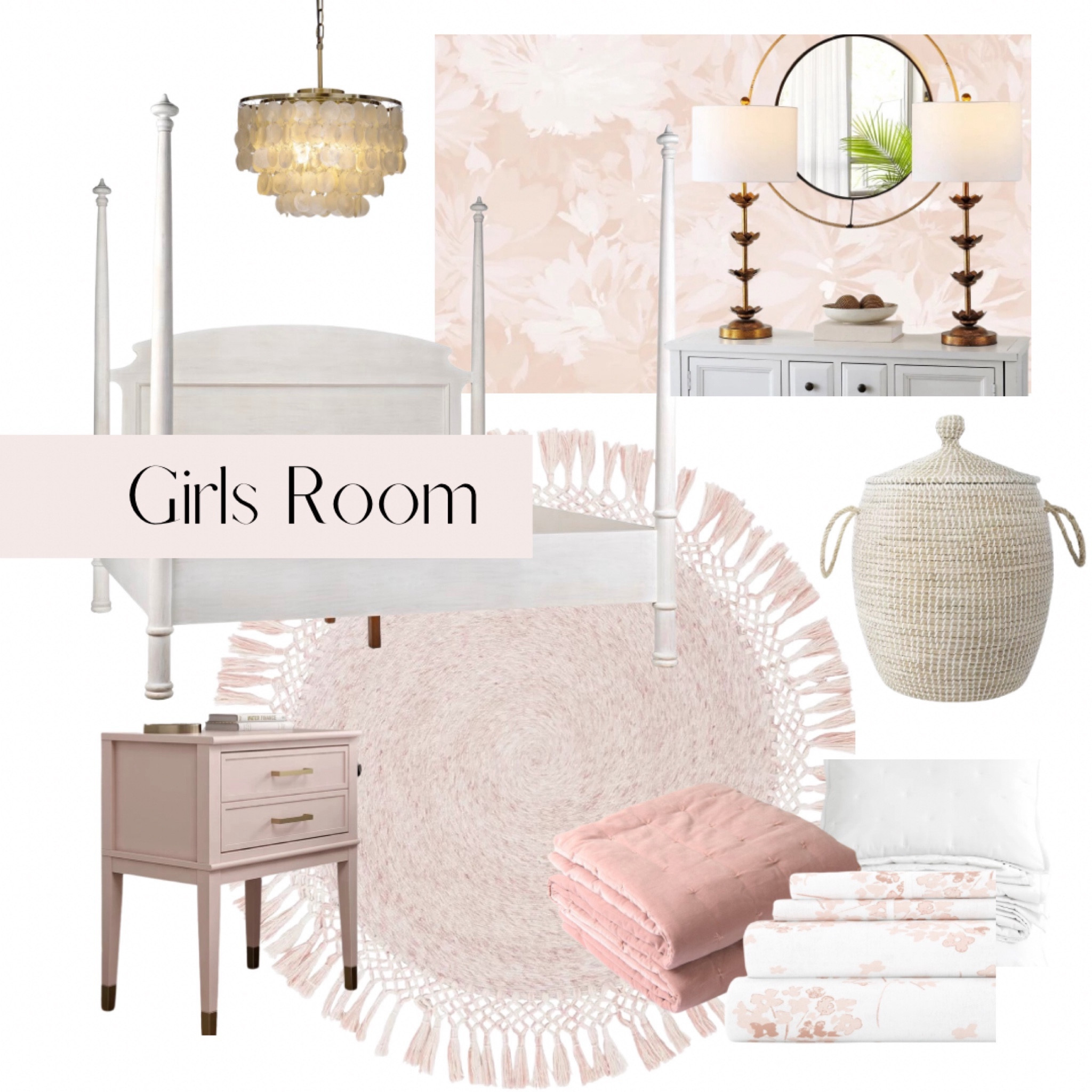 Feminine girls pink bedroom, this design works from baby to teen. White four poster bed, pink round area rug, pink night stand, storage baskets, pink bedding and sheets. 

#LTKhome