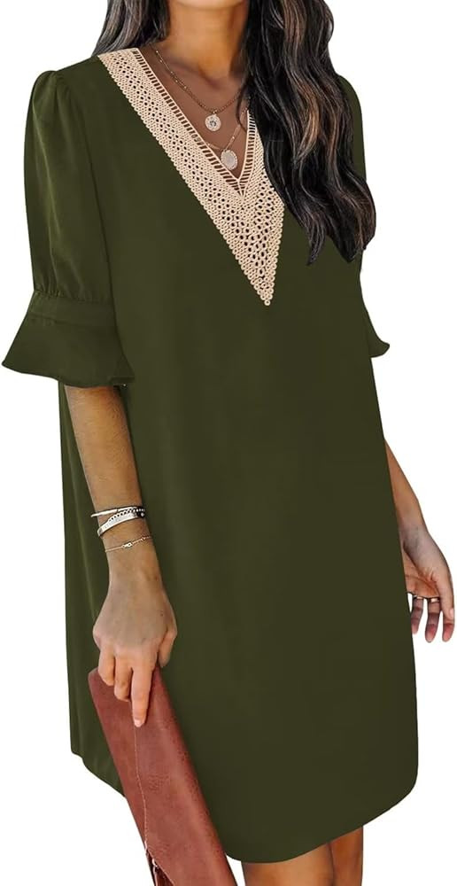 QACOHU Summer Dresses for Women V Neck Ruffle Short Sleeve Casual Shift Dress | Amazon (US)