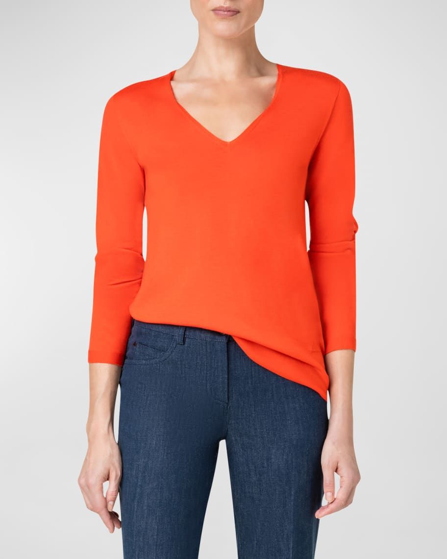 Akris V-Neck Fine Gauge Cashmere Seamless Sweater | Neiman Marcus