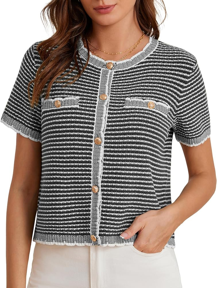 GRACE KARIN Women's 2025 Summer Striped Cardigan Sweaters Casual Short Sleeve Open Front Button D... | Amazon (US)
