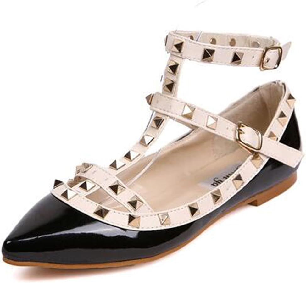 Womens Fashion Stud Flat Shoes Pointed Closed Toe Low Heels Color Block Studded T-Strap Casual Sh... | Amazon (US)